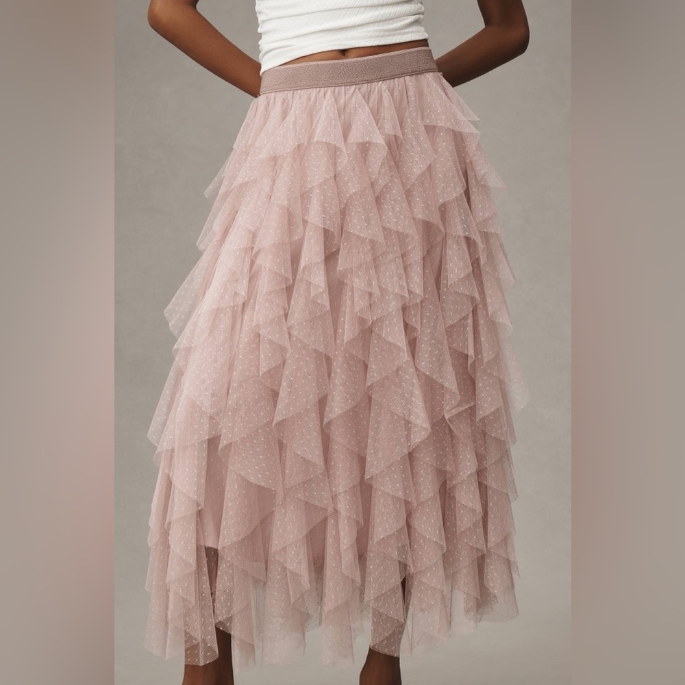 Anthropologie The Cheri Ruffled Tulle Ballet Pink Tiered Midi Skirt‎ Size Large